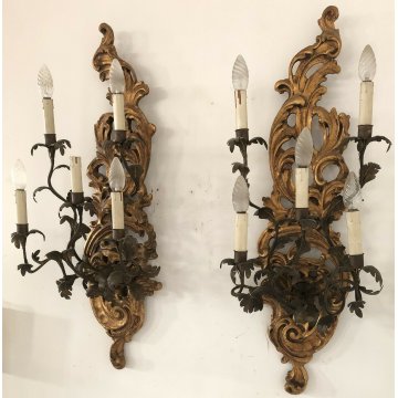 ANTICA COPPIA GRANDI APLIQUE LAMPADE MURO FERRO BATTUTO CANDELE LEGNO LUME EPOCA