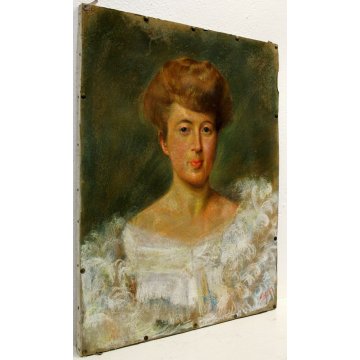 ANTICO QUADRO CARTA su TELA PASTELLO RITRATTO FEMMINILE PORTRAIT MINA primi '900