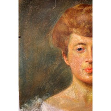 ANTICO QUADRO CARTA su TELA PASTELLO RITRATTO FEMMINILE PORTRAIT MINA primi '900
