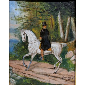 ANTICO QUADRO DIPINTO OLIO TAVOLA UOMO con CILINDRO CAVALLO Paoletti '900 EPOCA