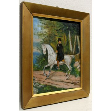 ANTICO QUADRO DIPINTO OLIO TAVOLA UOMO con CILINDRO CAVALLO Paoletti '900 EPOCA