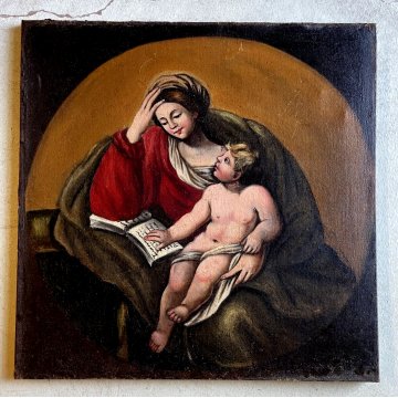 ANTICO DIPINTO OLIO TELA COPIA Madonna con Gesù Bambino RELIGIOSO '600