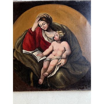 ANTICO DIPINTO OLIO TELA COPIA Madonna con Gesù Bambino RELIGIOSO '600