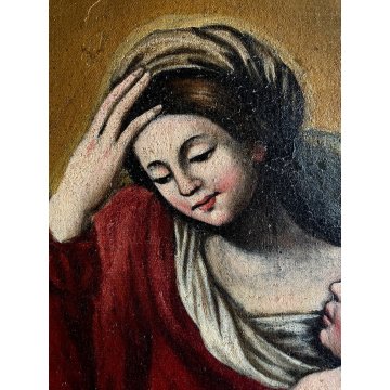 ANTICO DIPINTO OLIO TELA COPIA Madonna con Gesù Bambino RELIGIOSO '600