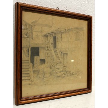 ANTICO DISEGNO SCHIZZO GRAFITE su CARTA SPOLVERO PAESAGGIO NORDICO CHALET BAITA