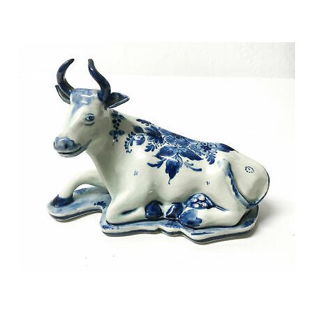 STATUINA DELFT MUCCA PORCELLANA CERAMICA DIPINTA BLU BIANCO STATUA SCULTURA 1900