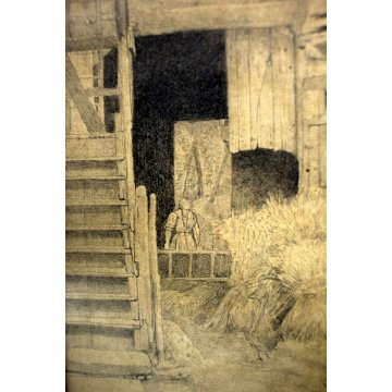 ANTICO DISEGNO SCHIZZO GRAFITE su CARTA SPOLVERO PAESAGGIO NORDICO CHALET BAITA