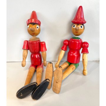 COPPIA PINOCCHIO LEGNO TORNITO MARIONETTA BURATTINO GIOCO GIOCATTOLO ANNI '70