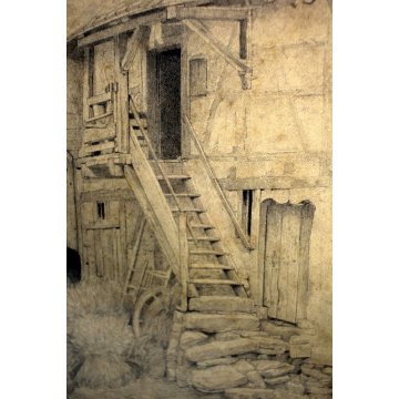 ANTICO DISEGNO SCHIZZO GRAFITE su CARTA SPOLVERO PAESAGGIO NORDICO CHALET BAITA