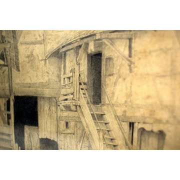 ANTICO DISEGNO SCHIZZO GRAFITE su CARTA SPOLVERO PAESAGGIO NORDICO CHALET BAITA