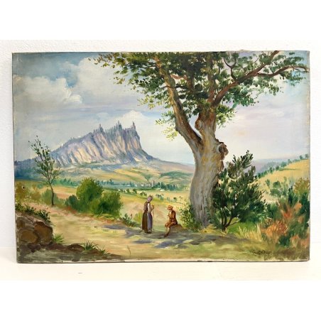 DIPINTO OLIO G. Mariot PAESAGGIO MONTANO TRENTINO ? FIGURE CONTADINA CITTADINO