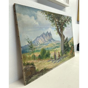 DIPINTO OLIO G. Mariot PAESAGGIO MONTANO TRENTINO ? FIGURE CONTADINA CITTADINO