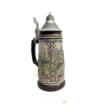 BOCCALE BIRRA TEDESCO CARAFFA CERAMICA PELTRO GERMANY DECORO CASTELLI Bavaresi