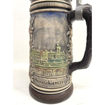 BOCCALE BIRRA TEDESCO CARAFFA CERAMICA PELTRO GERMANY DECORO CASTELLI Bavaresi