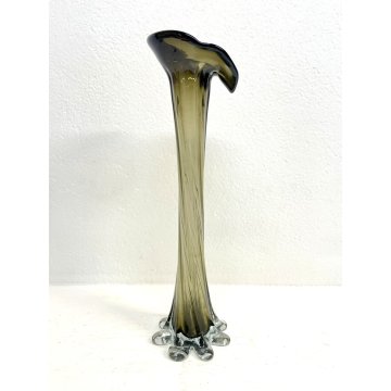 VASO FIORE VETRO Murano BOCCA CALLA FUME' TRASPARENTE 39,5 cm/h VINTAGE ANNI '70