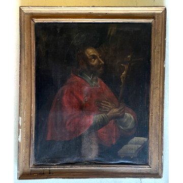 ANTICO GRANDE QUADRO OLIO RITRATTO S. Carlo Borromeo ORANTE CROCIFISSO LIBRO 600