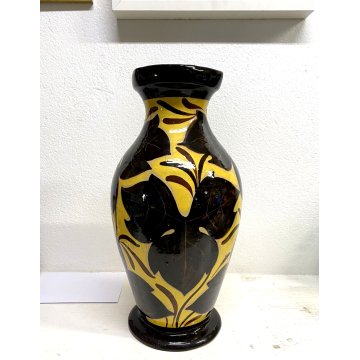 GRANDE VASO CERAMICA DECO' GIALLO BRUNO DECORO MOTIVO VEGETALE 43 cm/h ANNI '30