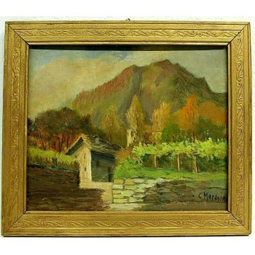 ANTICO QUADRO OLIO SU TELA C. Morosini "In Engadina" PAESAGGIO VEDUTA MONTAGNA 