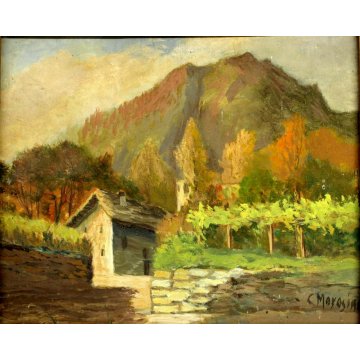 ANTICO QUADRO OLIO SU TELA C. Morosini "In Engadina" PAESAGGIO VEDUTA MONTAGNA 