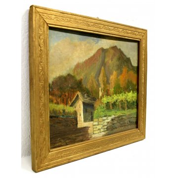 ANTICO QUADRO OLIO SU TELA C. Morosini "In Engadina" PAESAGGIO VEDUTA MONTAGNA 