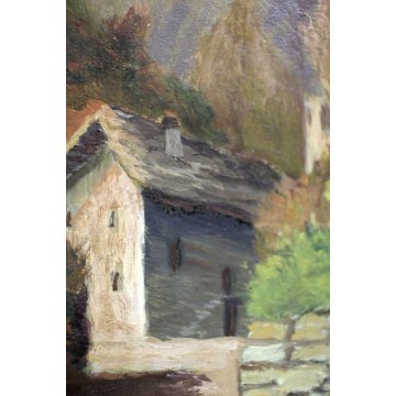 ANTICO QUADRO OLIO SU TELA C. Morosini "In Engadina" PAESAGGIO VEDUTA MONTAGNA 