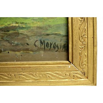 ANTICO QUADRO OLIO SU TELA C. Morosini "In Engadina" PAESAGGIO VEDUTA MONTAGNA 