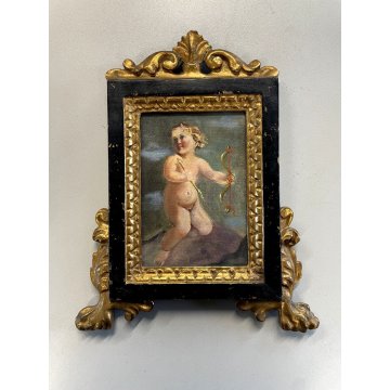 CARTAGLORIA foglia oro CORNICE '800 PUTTO CUPIDO bambino DIPINTO tecnica mista