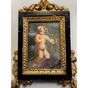 CARTAGLORIA foglia oro CORNICE '800 PUTTO CUPIDO bambino DIPINTO tecnica mista