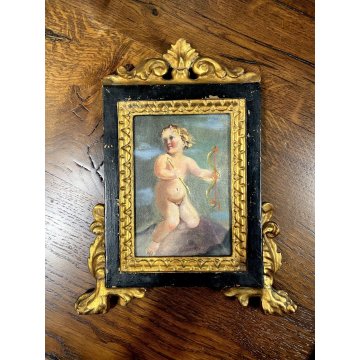 CARTAGLORIA foglia oro CORNICE '800 PUTTO CUPIDO bambino DIPINTO tecnica mista