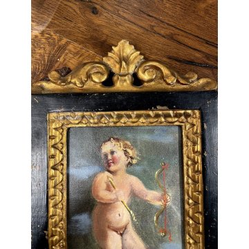 CARTAGLORIA foglia oro CORNICE '800 PUTTO CUPIDO bambino DIPINTO tecnica mista