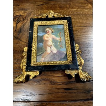 CARTAGLORIA foglia oro CORNICE '800 PUTTO CUPIDO bambino DIPINTO tecnica mista