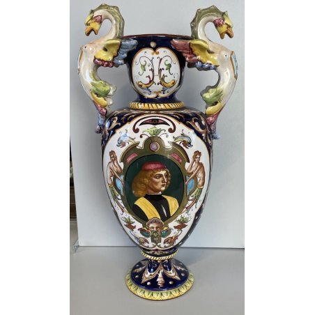 GRANDE VASO BIANSATO CERAMICA Cacf Faenza 900 dipinto MASCHERONE PAESAGGIO EPOCA