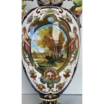 GRANDE VASO BIANSATO CERAMICA Cacf Faenza 900 dipinto MASCHERONE PAESAGGIO EPOCA