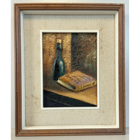 QUADRO DIPINTO F. Alberti MATERICO TECNICA MISTA NATURA MORTA BOTTIGLIA LIBRO 72