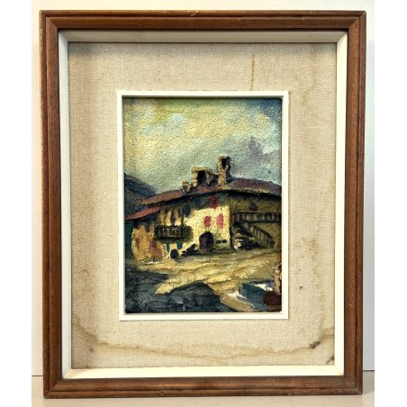 QUADRO DIPINTO F. Alberti MATERICO TECNICA MISTA SCORCIO BAITA PAESAGGIO MONTANO
