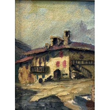 QUADRO DIPINTO F. Alberti MATERICO TECNICA MISTA SCORCIO BAITA PAESAGGIO MONTANO