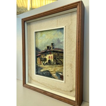 QUADRO DIPINTO F. Alberti MATERICO TECNICA MISTA SCORCIO BAITA PAESAGGIO MONTANO