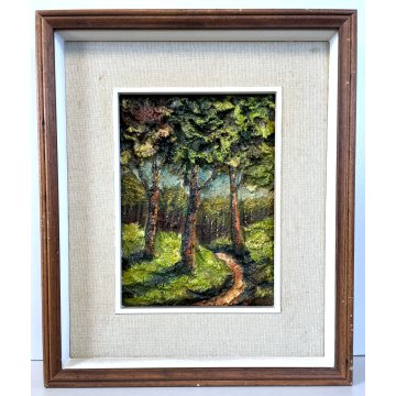 QUADRO DIPINTO F. Alberti MATERICO TECNICA MISTA PAESAGGIO BOSCO SENTIERO 1972