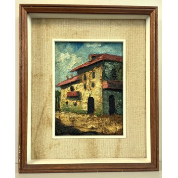 QUADRO DIPINTO F. Alberti MATERICO TECNICA MISTA SCORCIO CASALE CAMAPGNA 1972