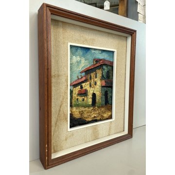 QUADRO DIPINTO F. Alberti MATERICO TECNICA MISTA SCORCIO CASALE CAMAPGNA 1972