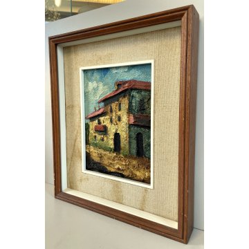 QUADRO DIPINTO F. Alberti MATERICO TECNICA MISTA SCORCIO CASALE CAMAPGNA 1972