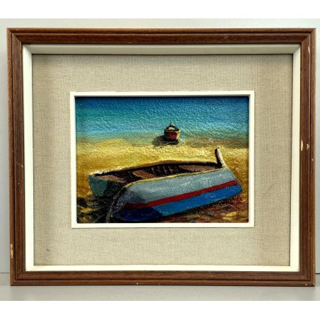 QUADRO DIPINTO F. Alberti MATERICO TECNICA MISTA RILIEVO PAESAGGIO MARINA BARCHE