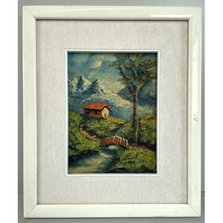 QUADRO DIPINTO F. Alberti MATERICO TECNICA MISTA PAESAGGIO MONTANO BAITA PONTE