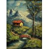 QUADRO DIPINTO F. Alberti MATERICO TECNICA MISTA PAESAGGIO MONTANO BAITA PONTE