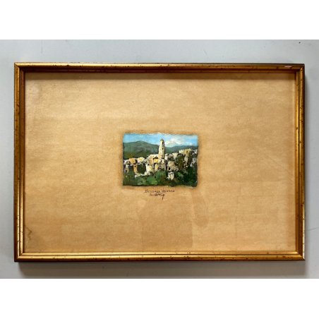DIPINTO OLIO CARTA SPOLVERO Mirella Perego PAESAGGIO VEDUTA Bussana Vecchia '900