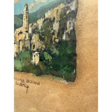 DIPINTO OLIO CARTA SPOLVERO Mirella Perego PAESAGGIO VEDUTA Bussana Vecchia '900