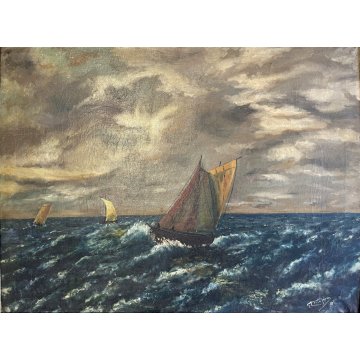 ANTICO GRANDE QUADRO OLIO T. Chiappa MARINA VELIERI MARE TEMPESTA BURRASCA '800