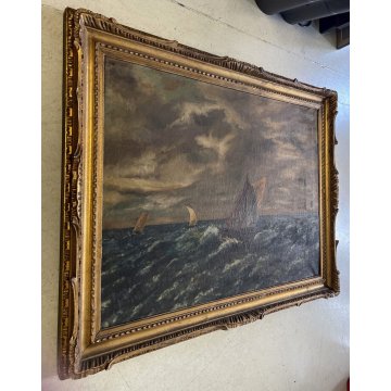 ANTICO GRANDE QUADRO OLIO T. Chiappa MARINA VELIERI MARE TEMPESTA BURRASCA '800