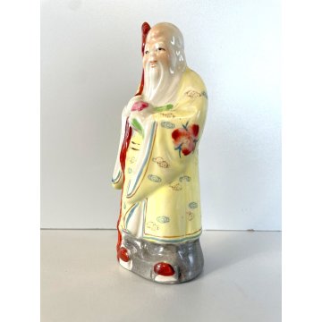 SCULTURA CERAMICA CINESE Famille Rose FIGURA DIO LONGEVITA' Shou Lao 14 cm/h