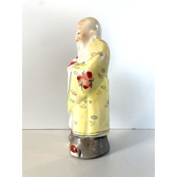 SCULTURA CERAMICA CINESE Famille Rose FIGURA DIO LONGEVITA' Shou Lao 14 cm/h